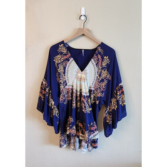 Free People Women's Top Size XS Boho Ruffle Blouse Blue - Picture 2 of 11